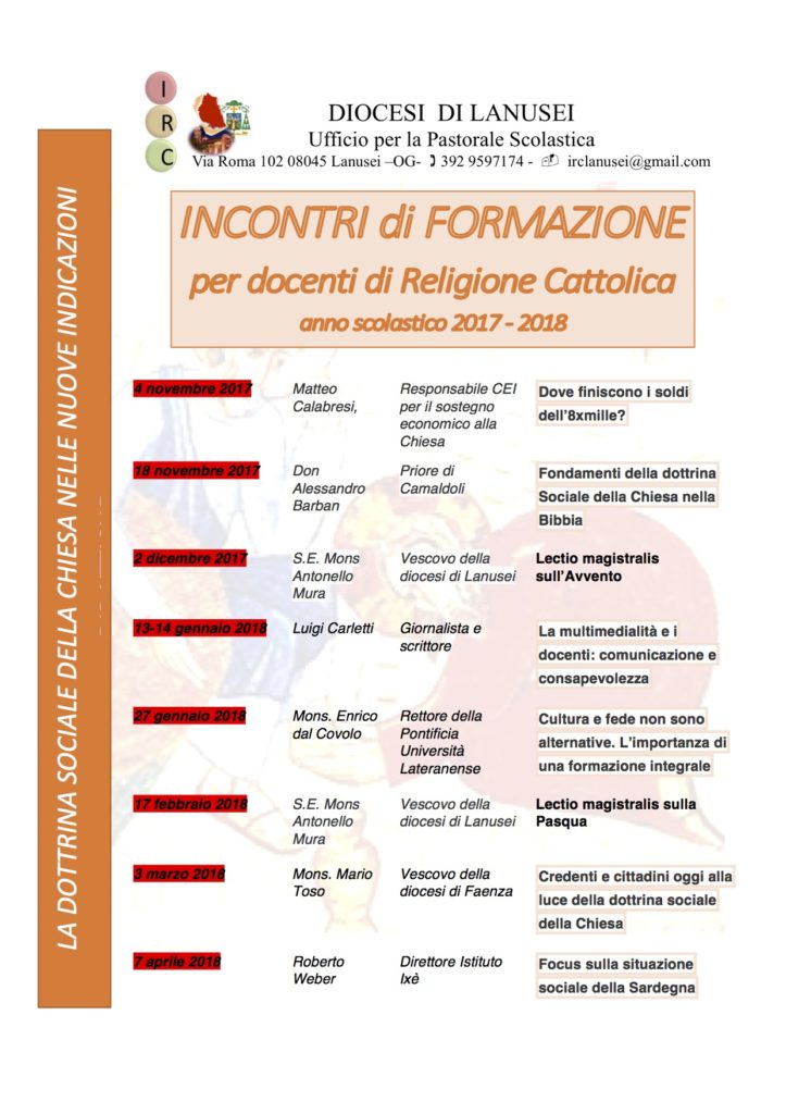 Calendario INCONTRI di FORMAZIONE per docenti di Religione Cattolica anno scolastico 2017 – 2018